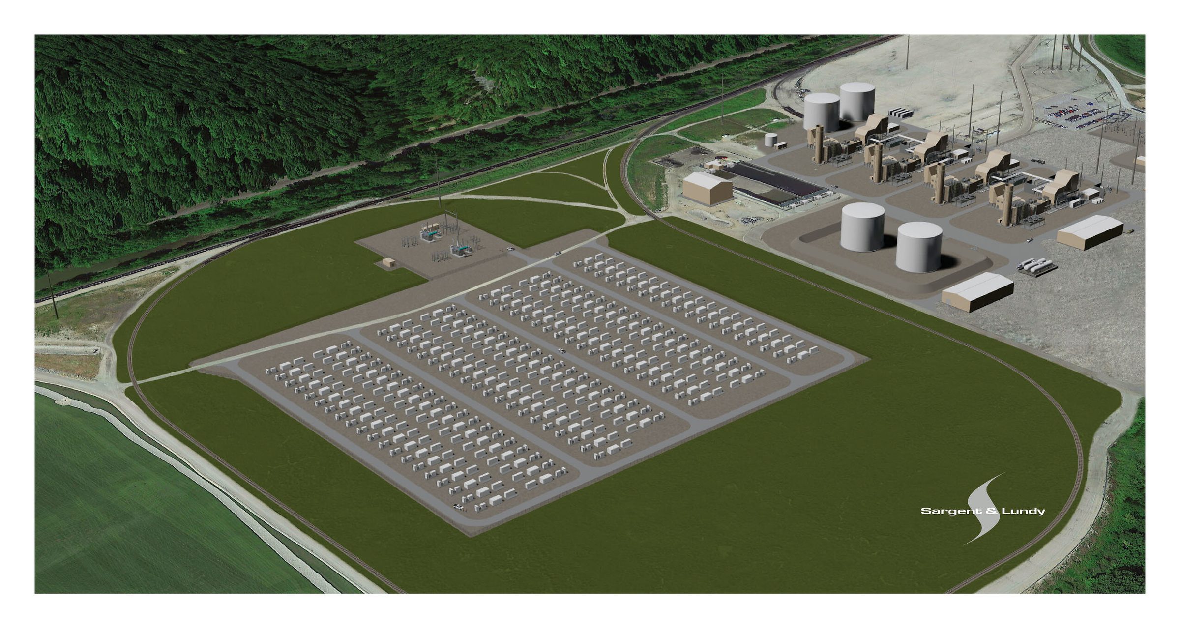 Aerial rendering of rows of white battery enclosures on a gravel pad, with a natural gas plant's turbines and white storage tanks beside it and wooded hills behind