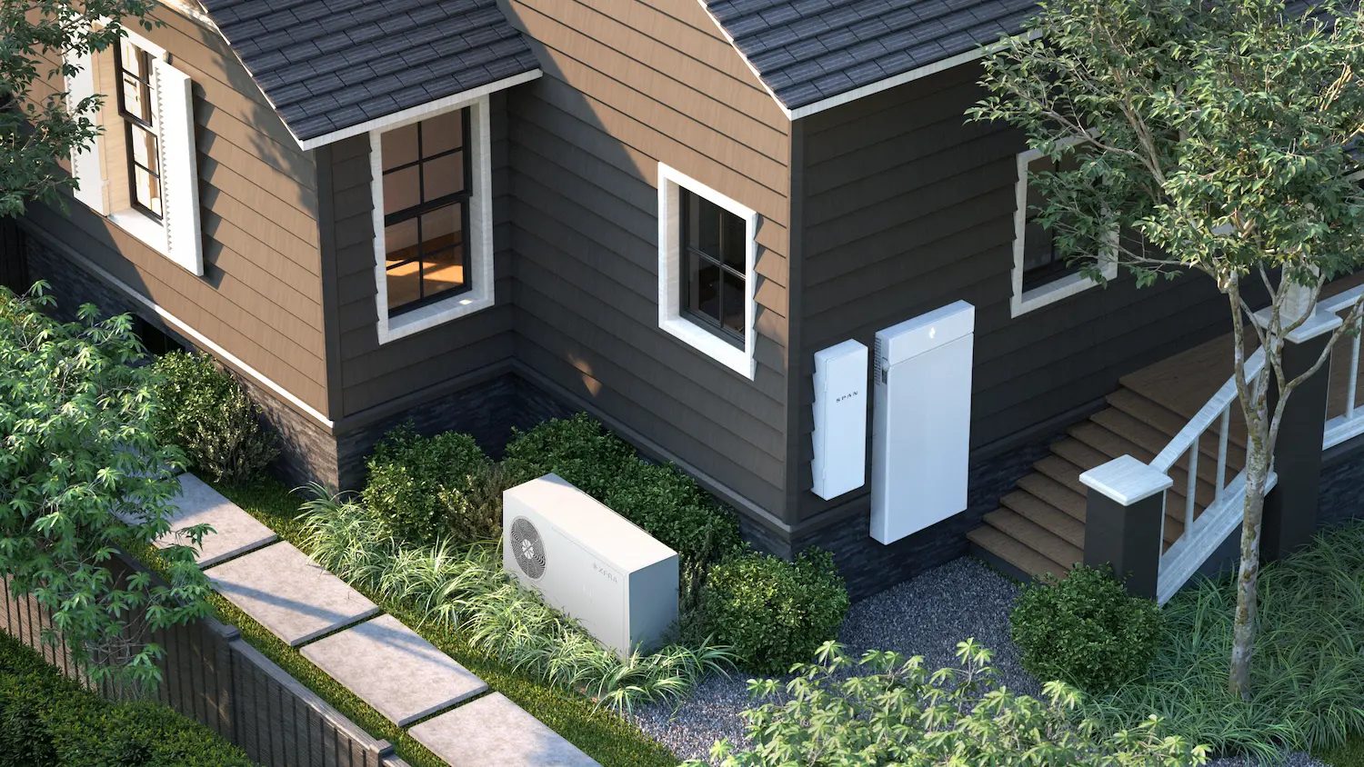 Rendering of a house with a wall-mounted SPAN panel and a tall white battery beside the porch steps, and an XFRA compute node box standing in the front garden