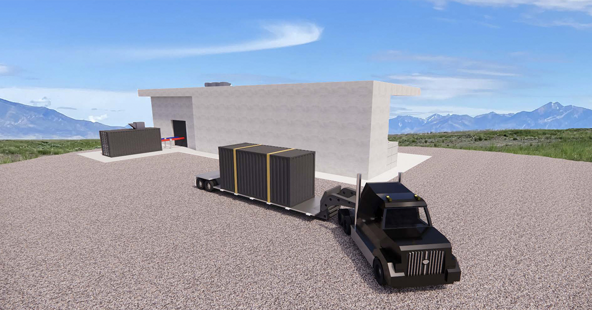 Rendering of a truck delivering the containerized Project Pele microreactor to a test facility