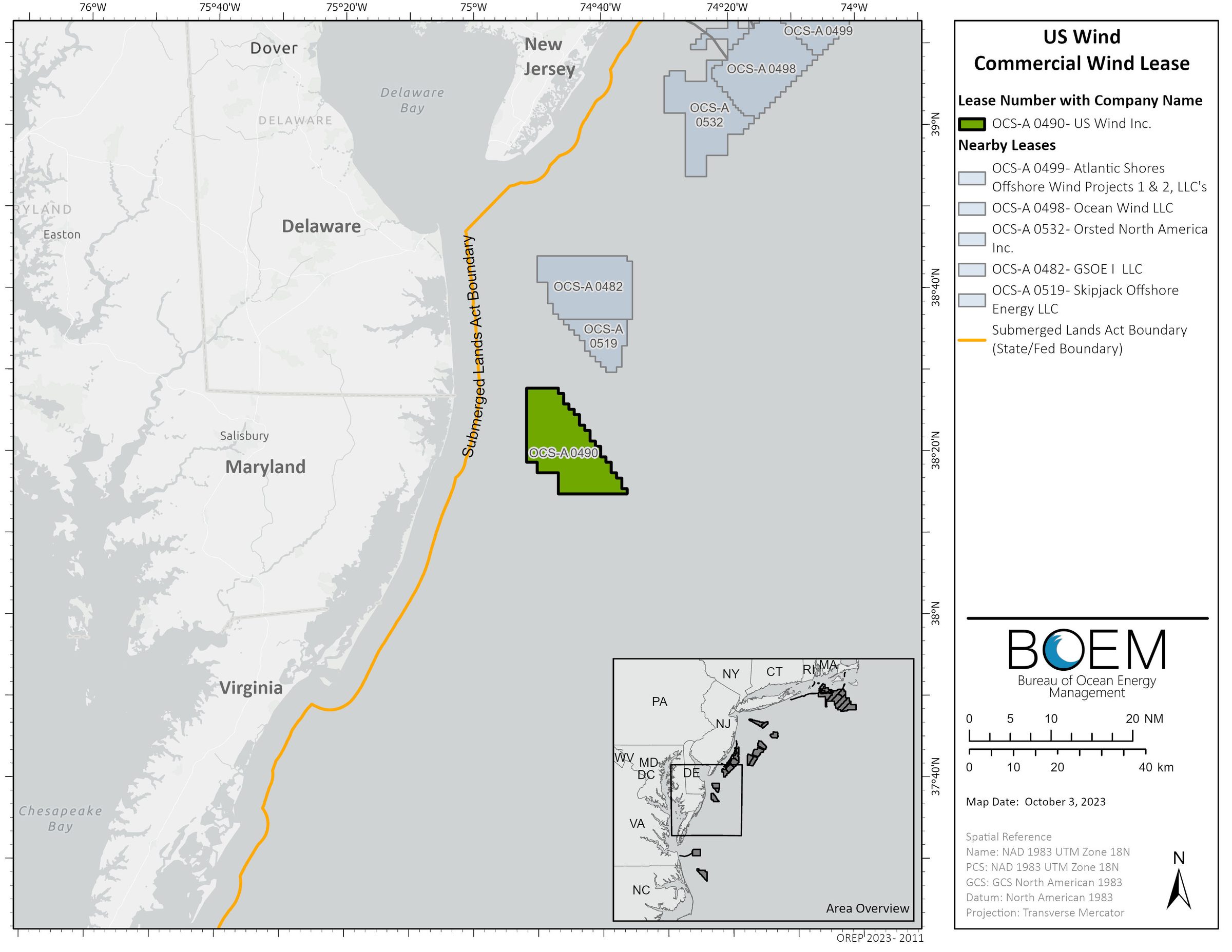 BOEM map of US Wind's lease OCS-A 0490, shaded green off the Maryland and Delaware coast, with nearby wind leases off Delaware and New Jersey outlined in gray.