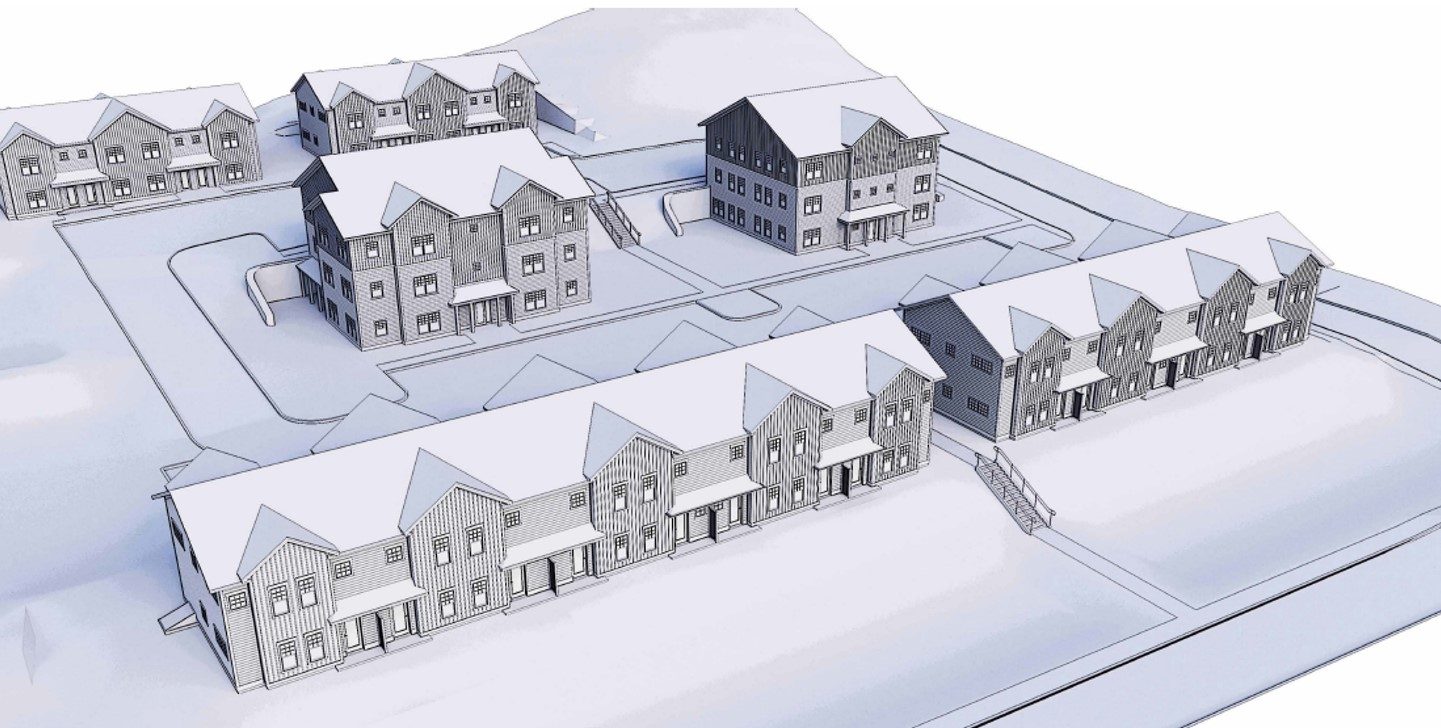Shaded grey-and-white 3D massing rendering of the Riggs Meadow development in Hinesburg, Vermont: gabled three-story multifamily buildings and rows of two-story townhomes on a white site plan with paths and a road, seen from above