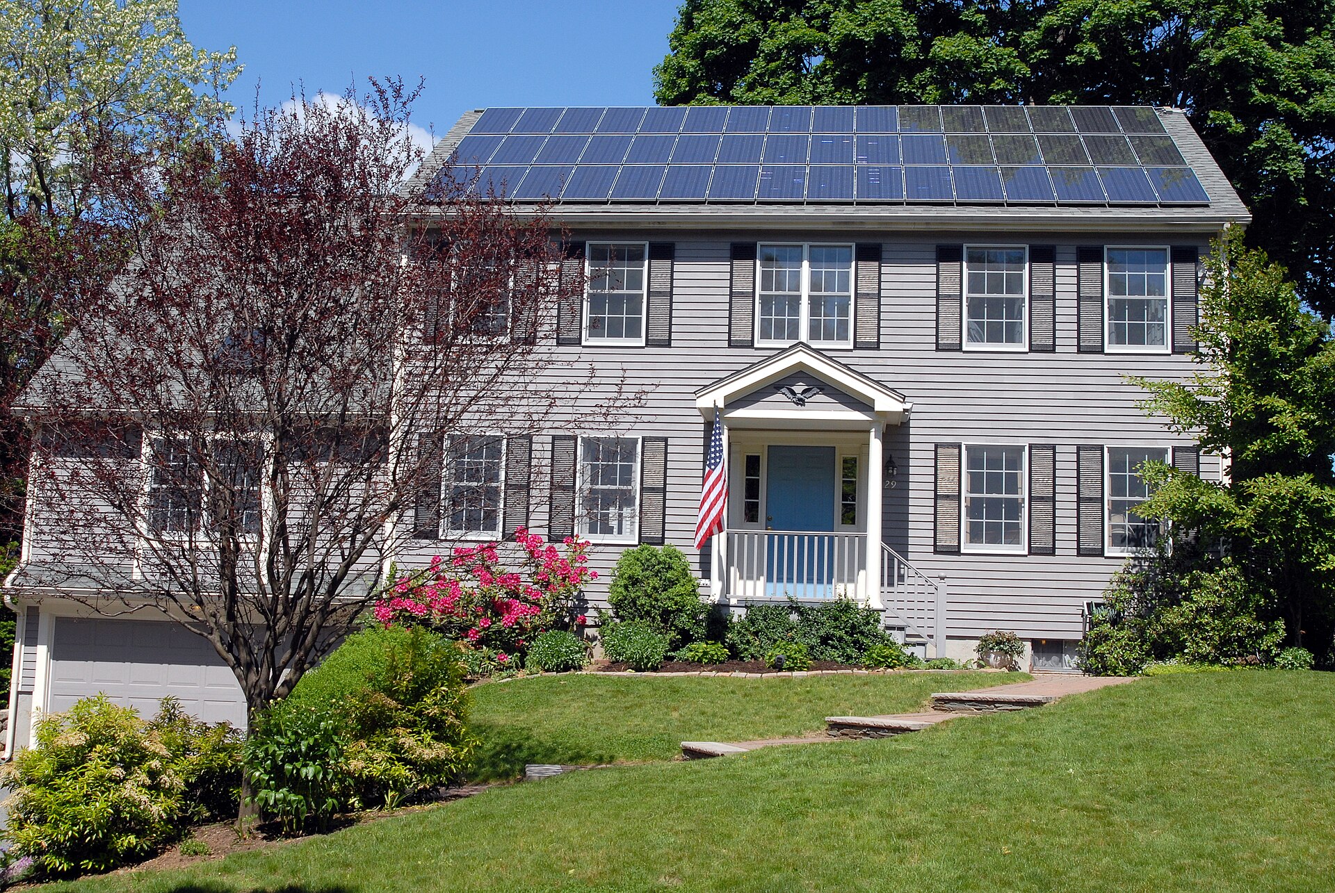 Photovoltaic solar panels on the roof of a house near Boston, Massachusetts