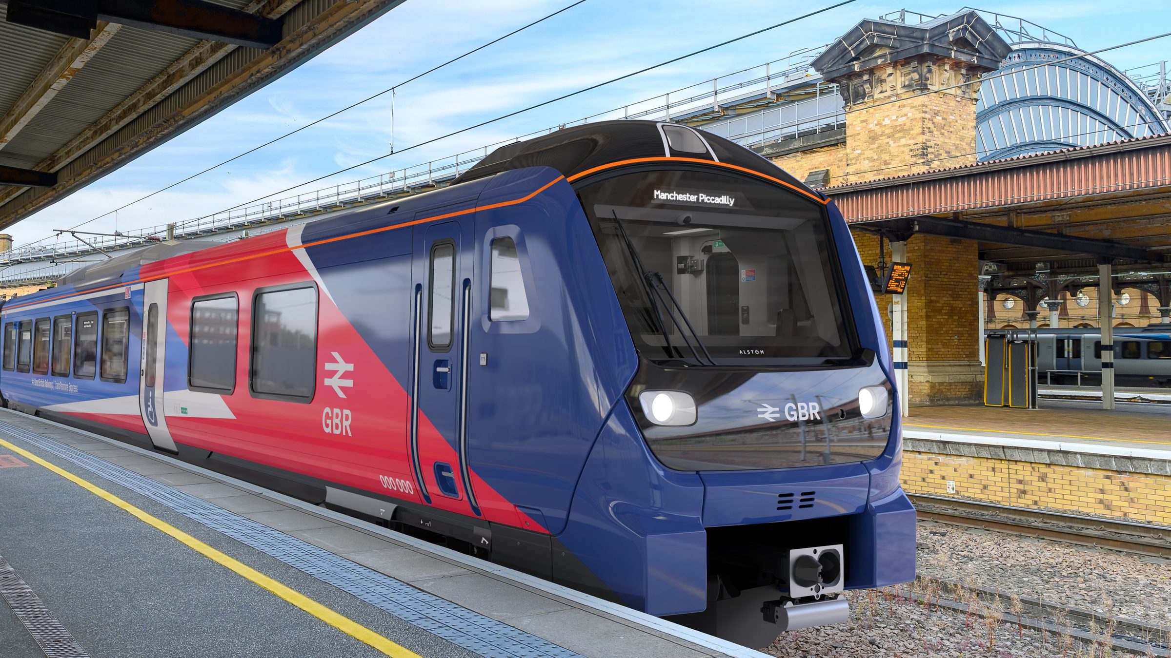 Rendering of a blue and red Alstom Adessia Stream train in Great British Railways livery stopped at a York station platform, its destination display reading Manchester Piccadilly
