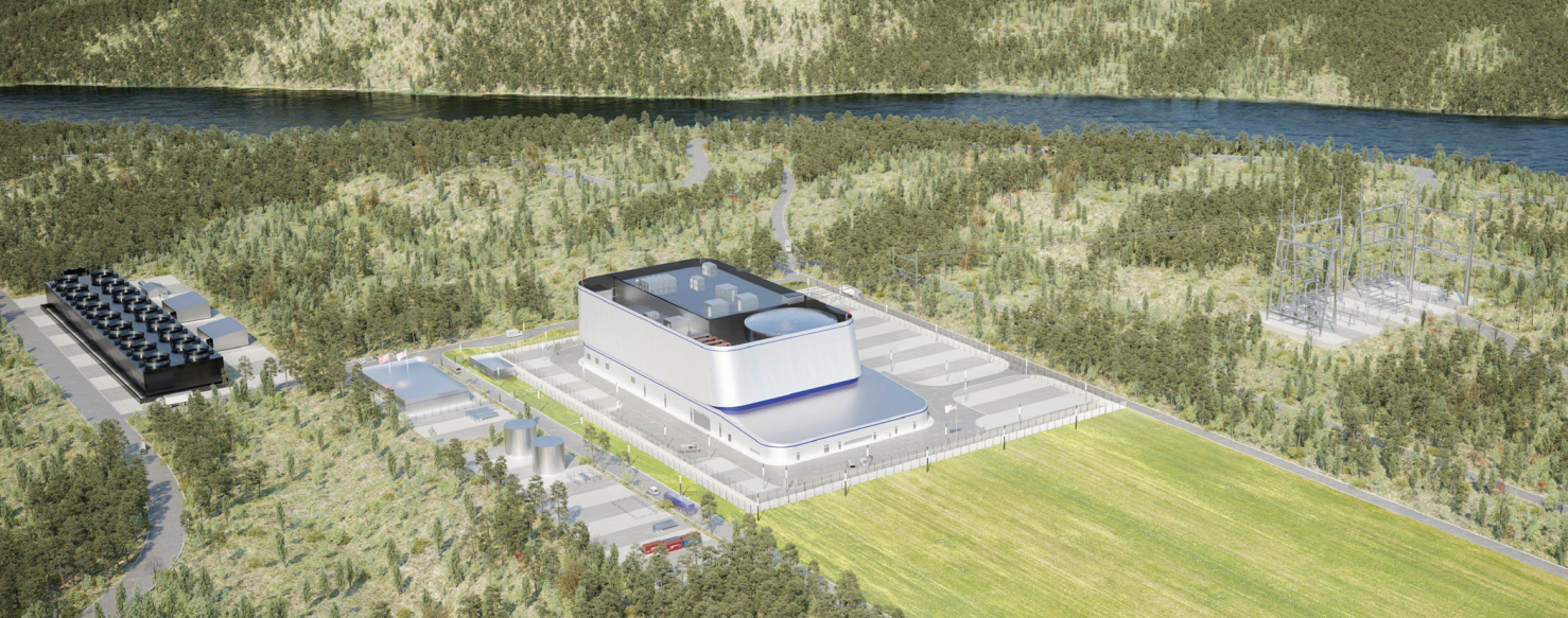 Artist rendering of TVA's Clinch River Nuclear Site from above: a white, rounded reactor building on a fenced pad beside the Clinch River, with a bank of air-cooled fans at left, two storage tanks in front and a switchyard at right.