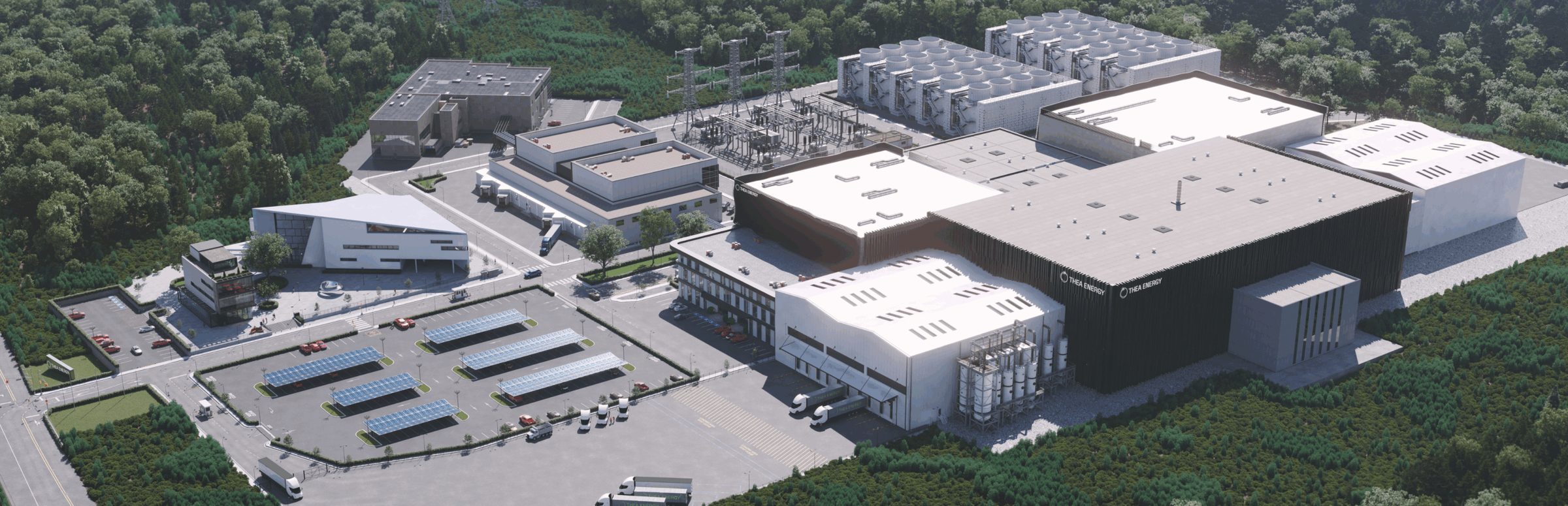 Aerial rendering of a power plant campus with cooling towers, a switchyard, solar carports and a large hall bearing the Thea Energy name, published by Thea Energy with its December 15, 2025 Helios preconceptual design announcement