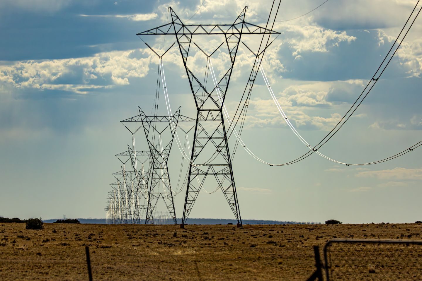 A long row of lattice steel transmission towers carrying high-voltage lines across flat, dry grassland under a cloudy sky, with fence posts and a metal gate in the foreground.
