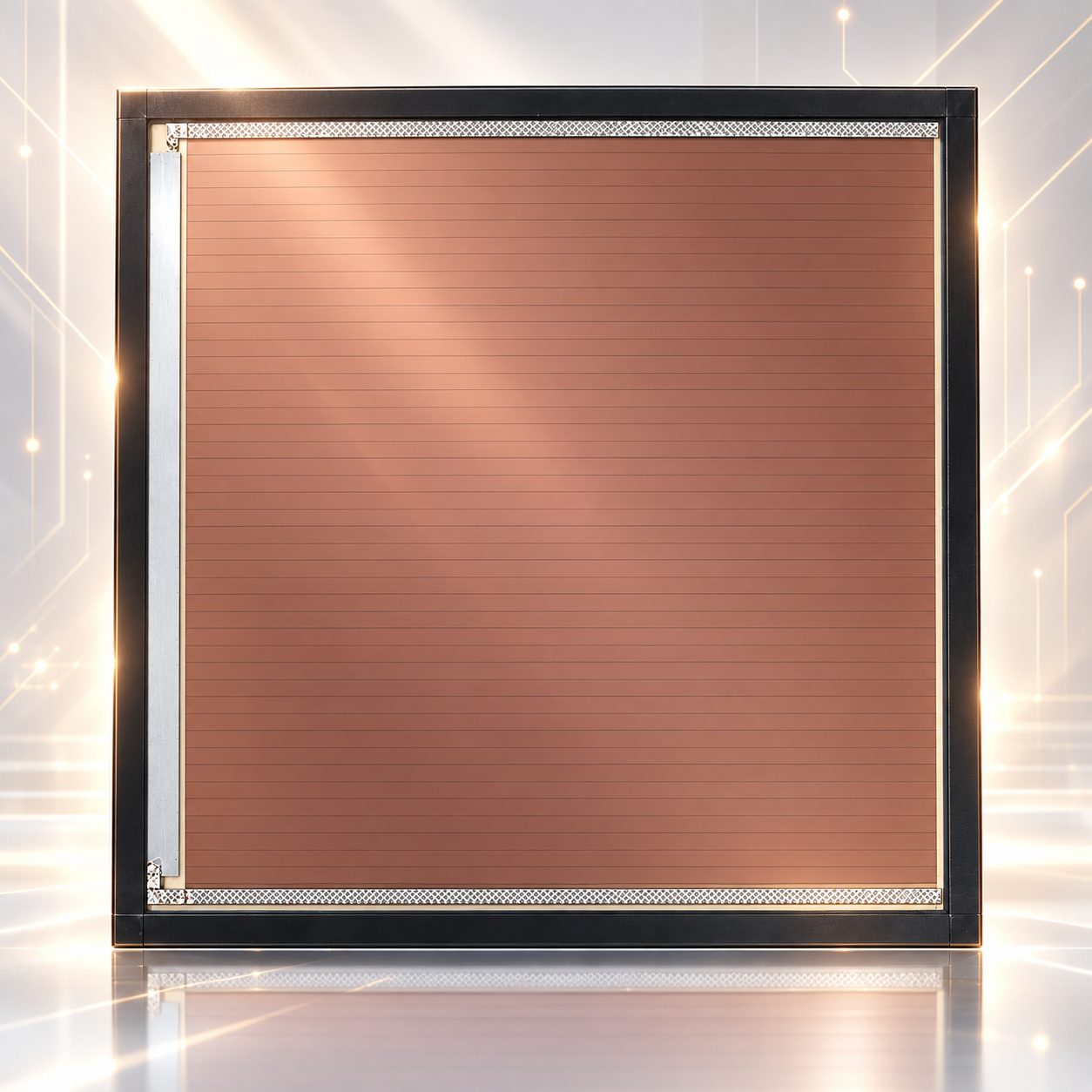 A square perovskite solar submodule with a copper-coloured active area crossed by fine horizontal lines, in a black frame against a glowing stylised backdrop
