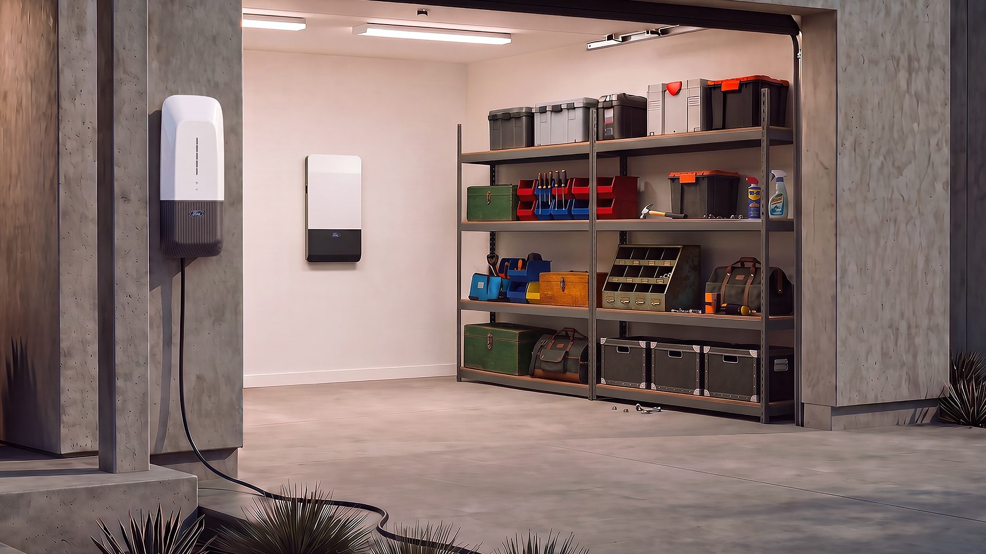 Illustration of an open garage at dusk: a Ford-badged white wall unit with a dark ribbed base and cable on an outside pillar, a flat white Ford-badged panel on the inside wall, and shelves of toolboxes.