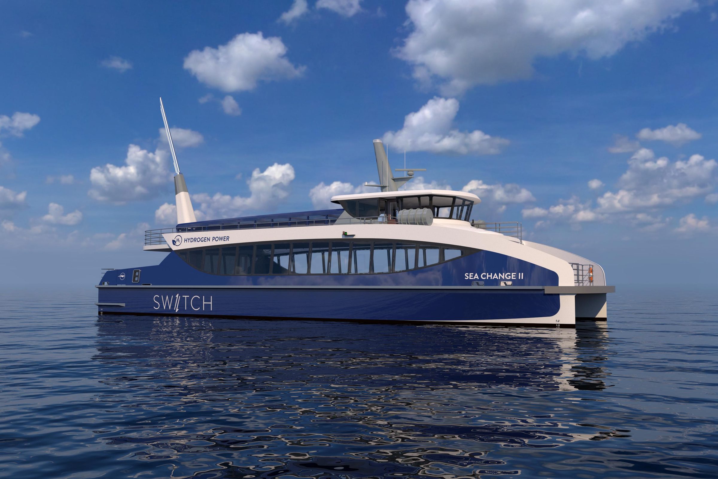 Rendering of a blue and white catamaran ferry on calm water, its hull lettered SWITCH and SEA CHANGE II, and HYDROGEN POWER lettering along its side.