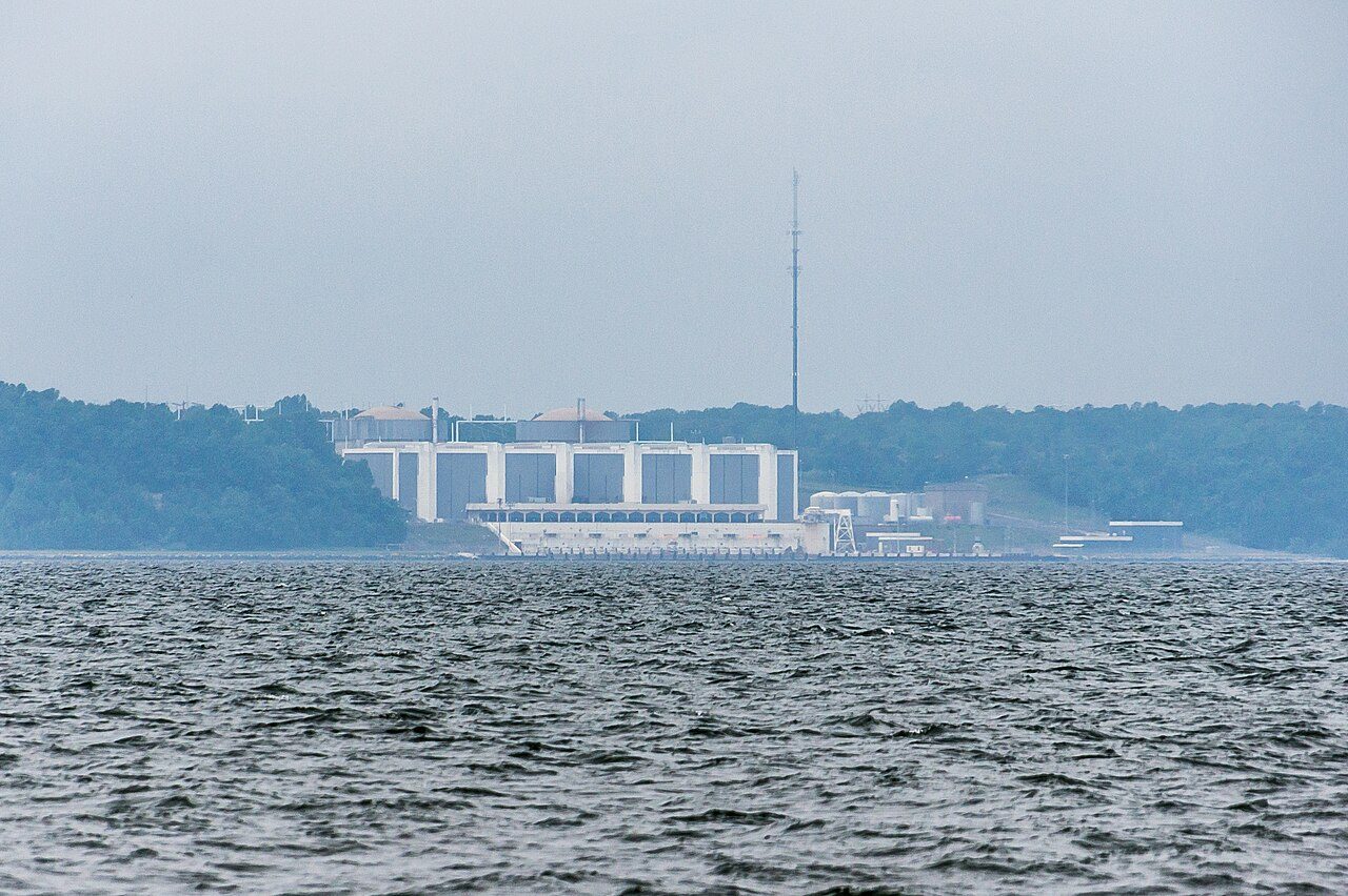 The Calvert Cliffs nuclear plant seen across choppy gray water on an overcast day: two domed containment buildings behind a long white turbine hall, a tall mast rising above the trees.