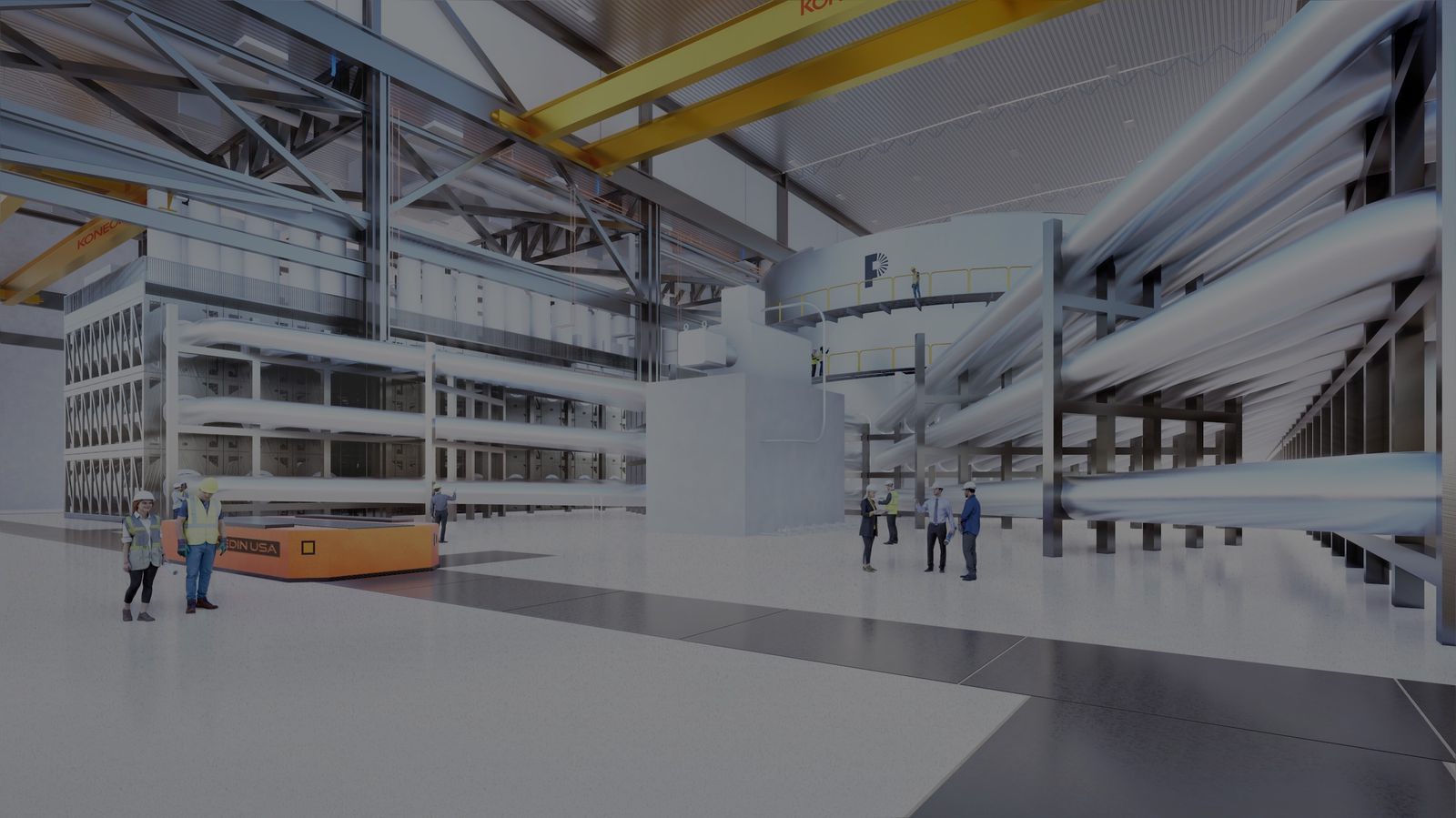 Rendering of Pacific Fusion's planned Demonstration System hall, with pulsed-power transmission lines converging on a central chamber