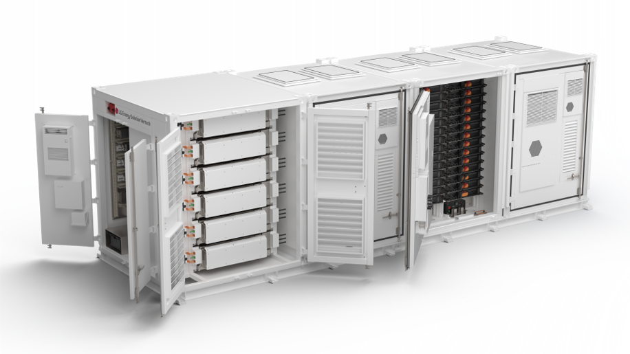 Rendering of a white LG Energy Solution JF2 AC Link battery container with its doors open, showing stacked battery modules, a power conversion cabinet and a rack of cells