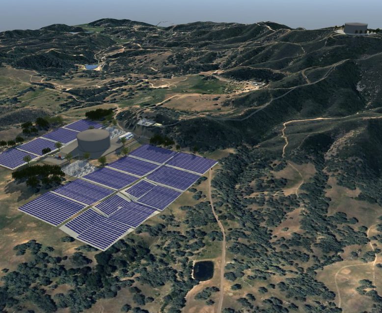 Trane's rendering of a proposed FLASHES project in Lake County, California: blocks of solar panels on a level graded pad beside a large roofed cylindrical tank, with tree-covered hills and dry grass around them and a second tank on a distant ridge