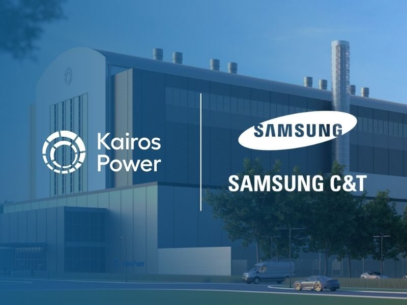 Blue-tinted rendering of a reactor plant building with an arched front, overlaid with the Kairos Power and Samsung C&T logos