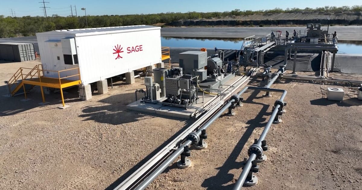 Sage Geosystems' enhanced geothermal facility at San Miguel Electric Cooperative's site in Christine, Texas, with wellhead and surface water equipment